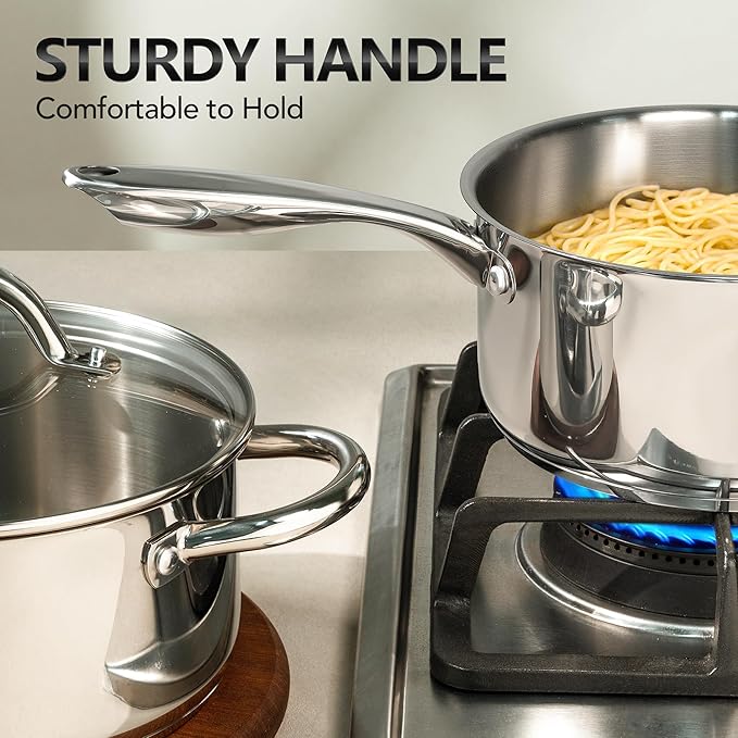 MICHELANGELO Saucepan Set 6pc, 18/10 Stainless Steel Saucepans with Lids, Tri-Ply Bottom, Dual Handle 3QT, Induction Compatible Sauce Pots, 1QT & 2QT & 3QT - Image 3