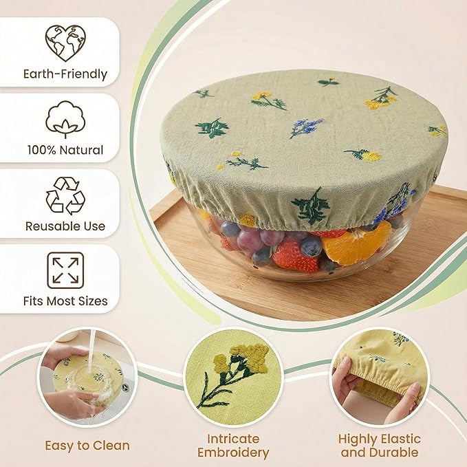 Reusable Bowl Covers (Set of 4) - Breathable Cotton Linen Sourdough Accessories - Elastic Durable Fabric Food Lids for Proofing Baskets & Bread Baking Supplies (Pale Mustard) - Image 4