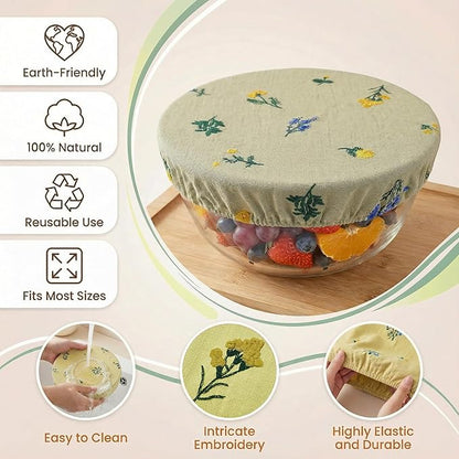 Reusable Bowl Covers (Set of 4) - Breathable Cotton Linen Sourdough Accessories - Elastic Durable Fabric Food Lids for Proofing Baskets & Bread Baking Supplies (Pale Mustard) - Image 4