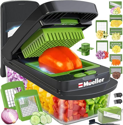 Mueller Pro-Series 10-in-1, 8 Blade Vegetable Chopper, Onion Mincer, Cutter, Dicer, Egg Slicer with Container, French Fry Cutter Potato Slicer, Home Essentials, Salad Chopper,Gray/Green by Mueller