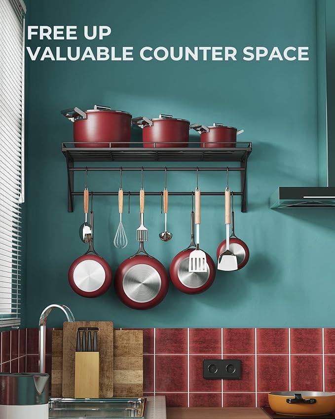 OROPY 23 Inch Wall Mounted Pot Rack Storage Shelf with 2 Tier Hanging Rails 12 S Hooks included, Ideal for Pans, Utensils, Cookware, Plant Black - Image 6