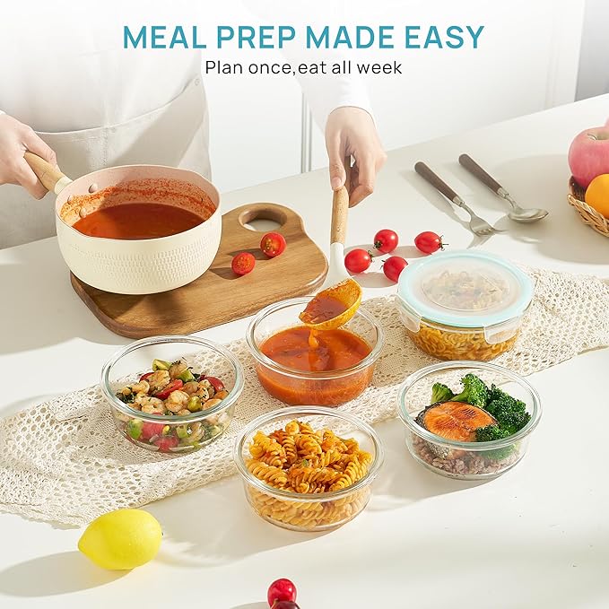Vtopmart 5Pack 22oz Glass Storage Containers with Lids, Glass Meal Prep Food Container Sets with Snap Airtight Lids for Microwave, Oven, Freezer and Dishwasher, Green, Round - Image 3