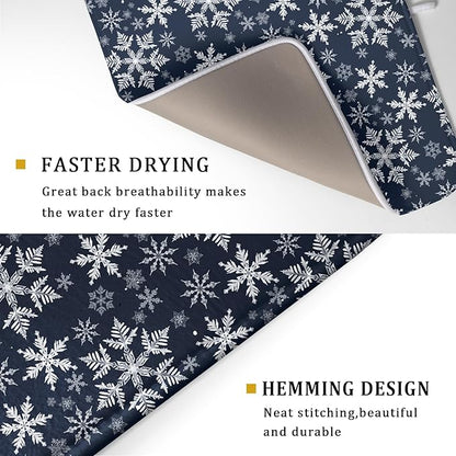 Christmas Dish Drying Mat for Kitchen Counter 24x18 Inch Xmas Snowflake Drying Mat with Absorbent Reversible Microfiber Blue Dish Drainer Mats Rack Pad for Coffee Countertop Protector