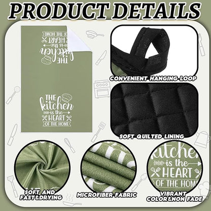 Sratte 6 Pcs Kitchen Decor Accessories Set Farmhouse Towels Pot Holders Oven Mitts Set 2 Dish Towels 2 Potholders 2 Cooking Mittens Oven Glove for Christmas Baking Cooking Supply(Green,Kitchen) - Image 6