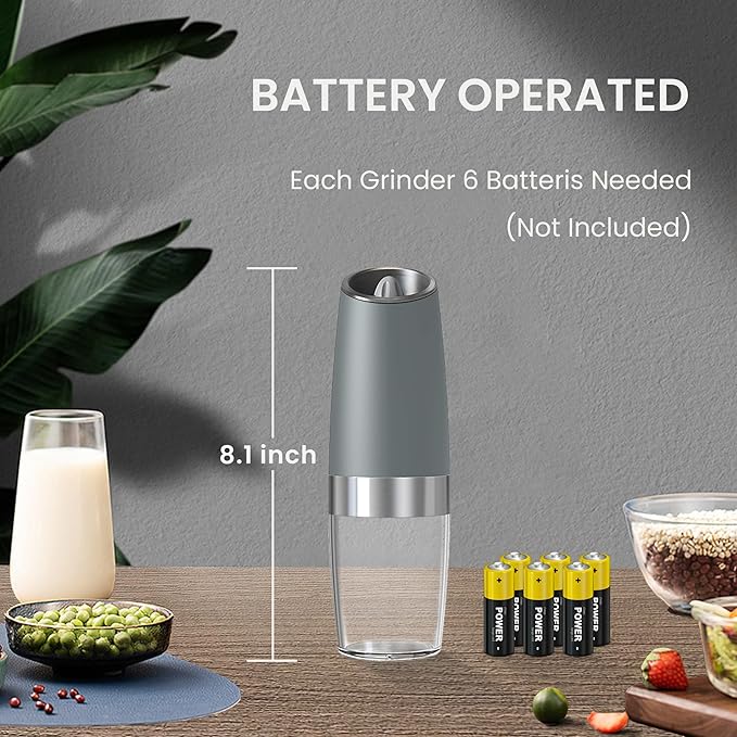 Battery Operated Salt And Pepper Grinder Set with LED Light, Automatic Electric Gravity Salt And Pepper Shakers Set, Each 6 AAA Batteries Needed, Adjustable Roughness, 2 Pack (LightGrey) - Image 4