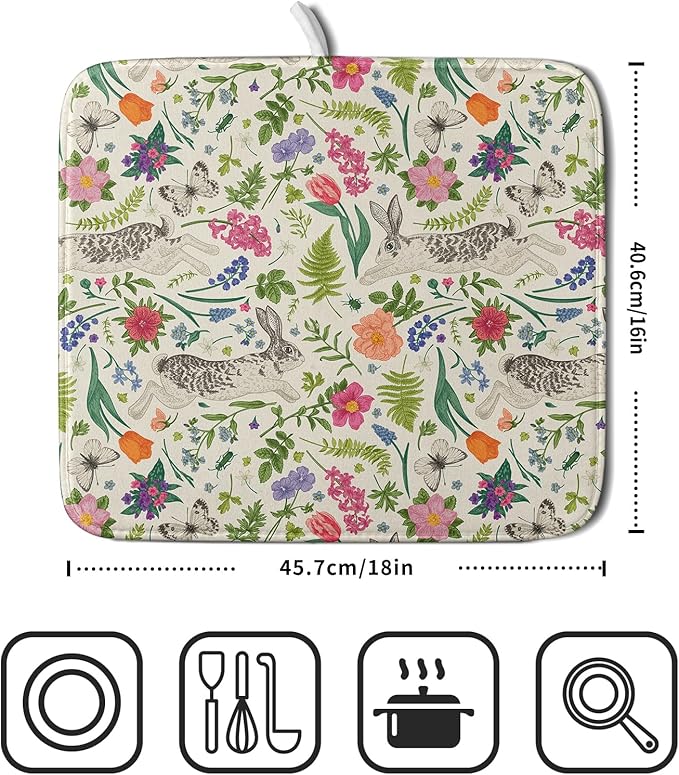 Spring Easter Dish Drying Mat for Kitchen Counter 16x18 Rabbit Bunny Green Pink Floral Vintage Print Absorbent Reversible Microfiber Drying Mats Kitchen Countertop Protector Dishes Drainer Rack Pad - Image 2