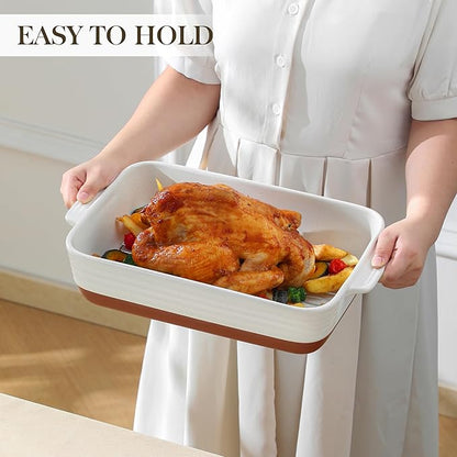 MALACASA Baking Dish with Rack, 4.8 Qt Ceramic Roasting Pan with Stainless Steel Drip Rack, 9x13 Inch Deep Casserole Dish with Handles, Oven Safe Lasagna Pan for Baking & Serving (Khaki & White) - Series Tara - Image 6