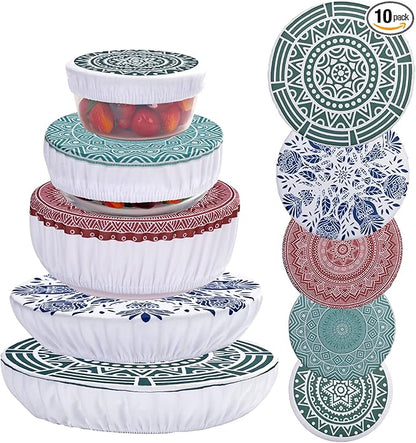 10Pcs Reusable Bowl Covers In 5 Size, Stretch Cloth Fabric Dish Cover Kitchen Storage Containers Lids for Fruits Food Leftover Dough Bread Proofing
