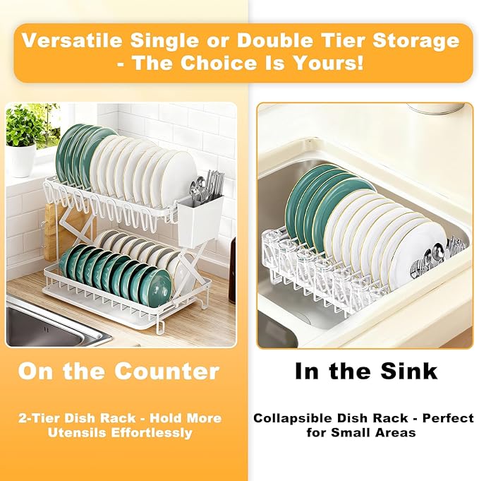 2-Tier Dish Racks for Kitchen Counter, Large Dish Drainers for Kitchens Counter Stainless Steel Kitchen Dishes Drying Rack, Space Saving Dishes Strainer for Bowl, Plate, Cup - Modern Counter Organizer - Image 6