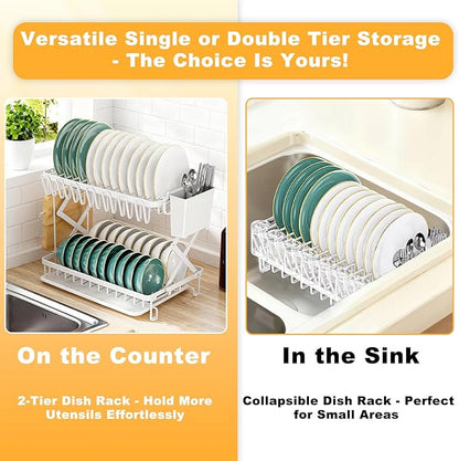 2-Tier Dish Racks for Kitchen Counter, Large Dish Drainers for Kitchens Counter Stainless Steel Kitchen Dishes Drying Rack, Space Saving Dishes Strainer for Bowl, Plate, Cup - Modern Counter Organizer - Image 6