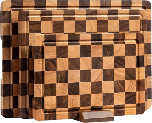 Checkered Cutting Boards for Kitchen, Wooden Cutting Board Set, Acacia Chopping Board with Juice Grooves & Handles, Butcher Block Serving Tray for Meat, Vegetables and Fruits, 3pcs by FyctioHome