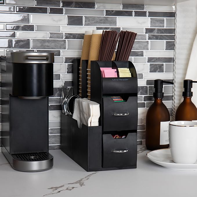Mind Reader Cup and Condiment Station, Countertop Organizer, Coffee Bar, Kitchen, Stirrers, 5.35"W x 11.25"L x 11.15"H, Black - Image 2