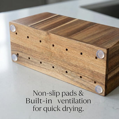 Large Kitchen Utensil Holder for Countertop – Acacia Wood Utensil Organizer with 4 Compartments, Beveled Edges Design, Non-Slip Silicone Pads & Drain Hole – Rustic Farmhouse Utensil Caddy Crock