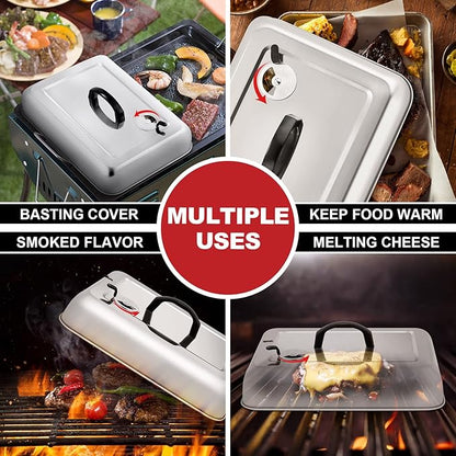13x 9.75Inch Cheese Melting Domes, HaSteeL Rectangular Basting Steam Cover for Flat Top Griddle Cooking Outdoor & Indoor, Heavy Duty Stainless Steel Grill Lid with Adjustable Vent, Easy to Clean