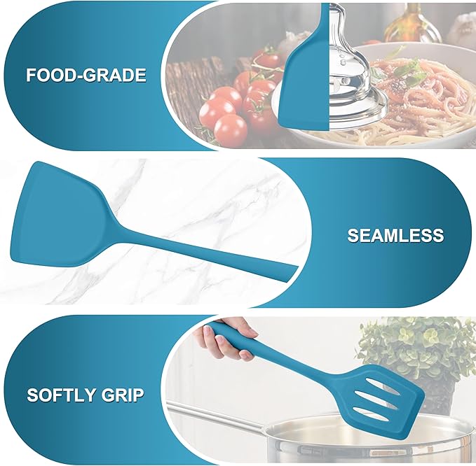 TeamFar Silicone Cooking Utensils Set, 5-Piece Heat Resistant Kitchen Utensils Set, Nonstick Slotted Solid Spoon Turner Pasta Server for Frying, Serving, Mixing, Non-Toxic & Dishwasher Safe, Dark Blue - Image 4