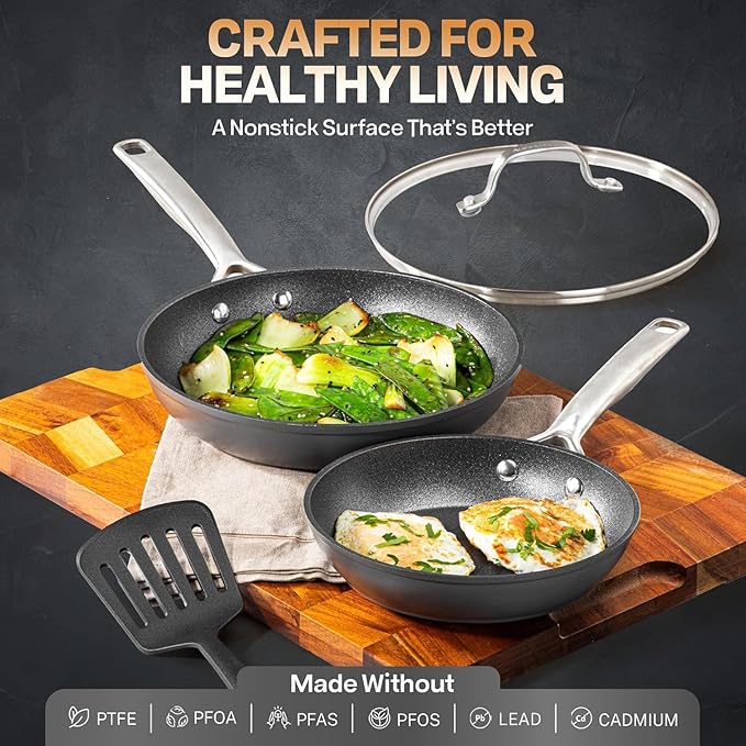 Granitestone 8 Inch Nonstick Frying Pan Skillet, Hard Anodized Granite Coating, PFOA Free, Metal Utensil Safe for Eggs & Omelets, Dishwasher & Oven Safe to 500°F, Induction Compatible, Black