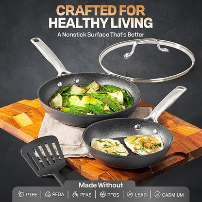 Granitestone 8 Inch Nonstick Frying Pan Skillet, Hard Anodized Granite Coating, PFOA Free, Metal Utensil Safe for Eggs & Omelets, Dishwasher & Oven Safe to 500°F, Induction Compatible, Black