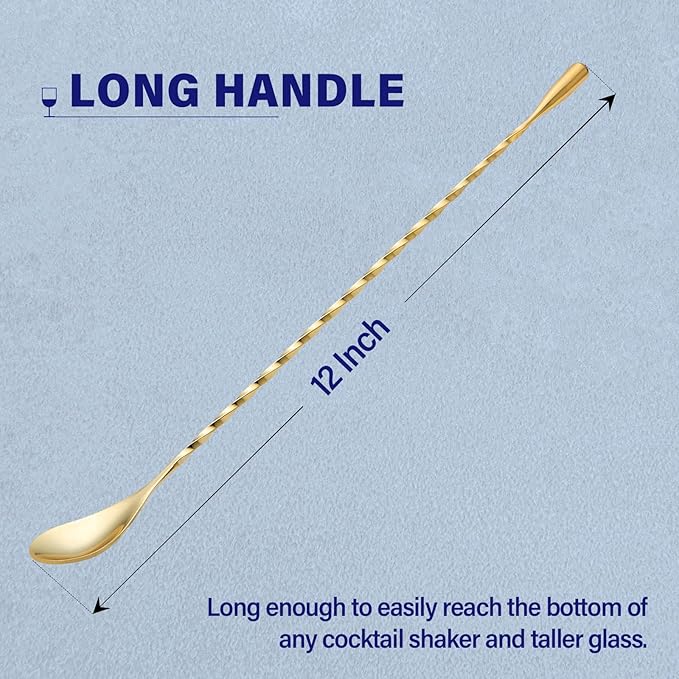 2 Pcs 12 Inches Bar Spoon, Long Handle Mixing Stirrers for Drink, Briout Stainless Steel Bar Cocktail Shaker Spoon, Gold - Image 2