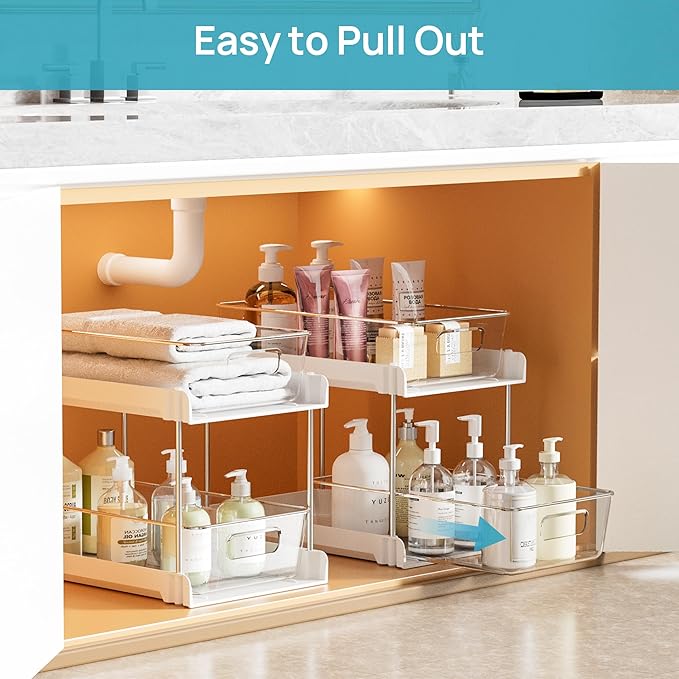 Vtopmart 2 Pack Bathroom Organizer, 2 Tier White Under Sink Organizers Vanity Countertop Storage Container,Cabinet Drawers Bins, Pull-Out Organization with Track for Pantry, Kitchen - Image 4