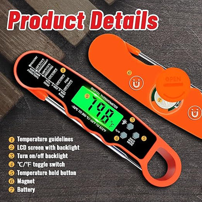 Meat Thermometer Digital, IP67 Waterproof Food Thermometer for Cooking and Baking, Instant Read Meat Thermometer with Backlight, Hold Function & Magnet for Kitchen, Beef, Grill, BBQ, Candy, Turkey - Image 4