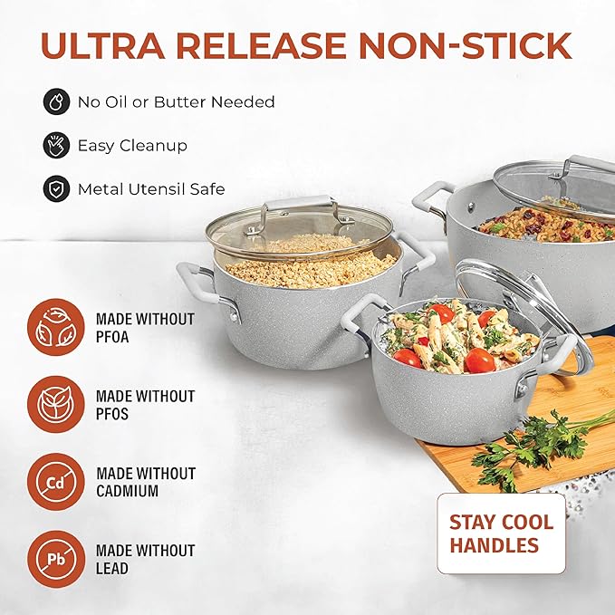 Granitestone Gray Pots and Pans Set Nonstick, 6 Stackable Piece Cooking Pots Set, Kitchen Pots, Non Stick Coating, 5qt 3qt & 1.5qt Pots with Lids, Stay Cool Handles Dishwasher Safe 100% Toxin Free - Image 2