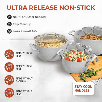 Granitestone Gray Pots and Pans Set Nonstick, 6 Stackable Piece Cooking Pots Set, Kitchen Pots, Non Stick Coating, 5qt 3qt & 1.5qt Pots with Lids, Stay Cool Handles Dishwasher Safe 100% Toxin Free - Image 2