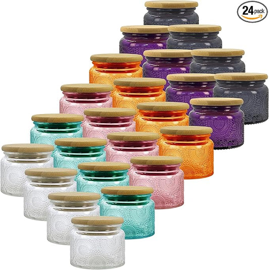 4 oz Colored Mini Glass Jars with Airtight Bamboo Lids 24 pack, Decorative Small Food Storage Canister, Vintage Embossed Home Décor Candle Parties Wedding Baby Shower Favors Gift