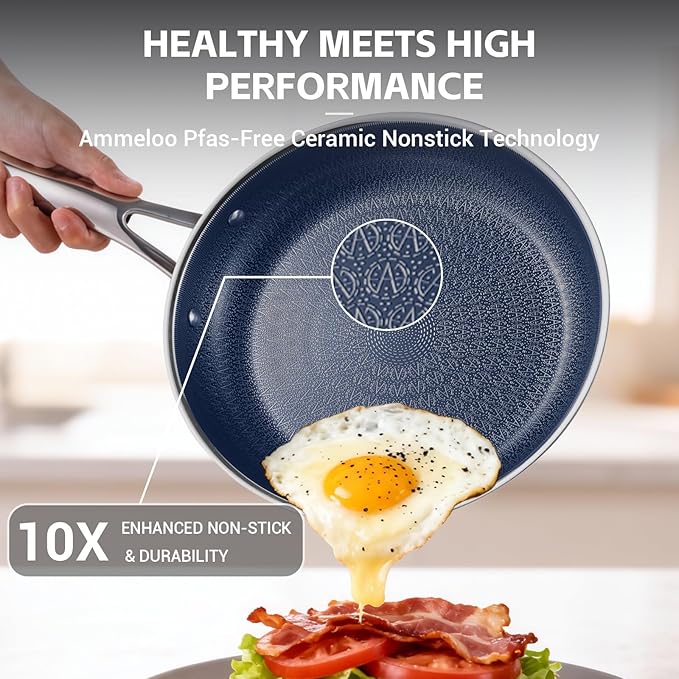 Ammeloo Hybrid Stainless Steel Cookware Set, 17-Piece Tri-Ply Pots and Pans Set Non Stick, Induction Kitchen Cookware Sets, Dishwasher & Oven Safe, PFOA Free, All Cooktops Compatible, Navy Blue - Image 9