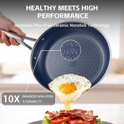 Ammeloo Hybrid Stainless Steel Cookware Set, 17-Piece Tri-Ply Pots and Pans Set Non Stick, Induction Kitchen Cookware Sets, Dishwasher & Oven Safe, PFOA Free, All Cooktops Compatible, Navy Blue - Image 9