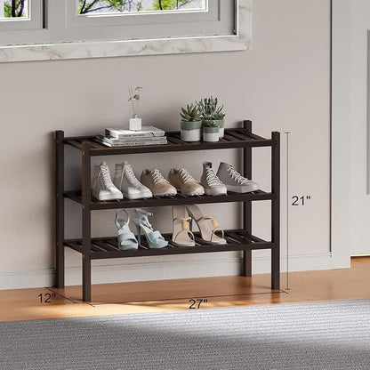 ROMGUAR CRAFT 3 Tier (Thick) Bamboo Shoe Rack for Closet Free Standing Wood Shoe Shelf for Entryway Small Space Stackable 27"x12"x21" (Black Brown) - Image 6