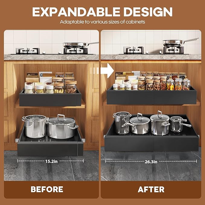 Seinloes 4 Pack Expandable Width (15.15"-26.3") Pull Out Cabinet Organizer 21" Deep with Raising Pad for Framed Cabinets, Upgrade 3 Slide Rails Slide Out Drawers, Roll Out Shelves Adhesive, Black - Image 3