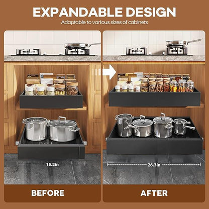Seinloes 4 Pack Expandable Width (15.15"-26.3") Pull Out Cabinet Organizer 21" Deep with Raising Pad for Framed Cabinets, Upgrade 3 Slide Rails Slide Out Drawers, Roll Out Shelves Adhesive, Black - Image 3