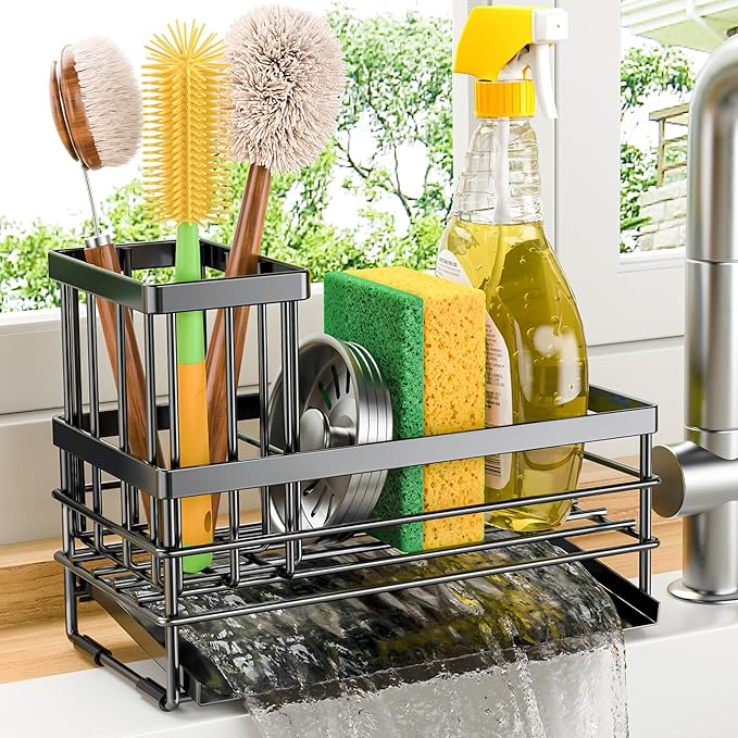 Cisily Sink Caddy Sponge Holder for Kitchen with Brush Holder and Stainless Steel Self Drain Tray, Rustproof Kitchen Sink Organizer for Sponge, Soap Dispenser Storage Accessories (Black) - Image 9