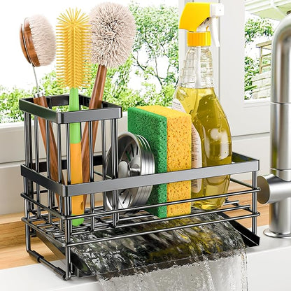 Cisily Sink Caddy Sponge Holder for Kitchen with Brush Holder and Stainless Steel Self Drain Tray, Rustproof Kitchen Sink Organizer for Sponge, Soap Dispenser Storage Accessories (Black) - Image 9