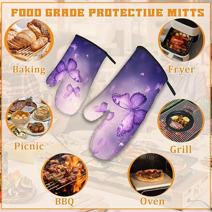 Purple Butterfly Oven Mitts and Pot Holders Set,Sparkling Kitchen Oven Gloves and Pot Holder with Heat Resistant Non Slip for Cooking Baking Grilling(4 Piece Set)