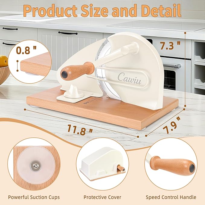 CAWIU Upgraded Manual Bread Slicer for Homemade Sourdough Bread - Adjustable Thickness Bread Cutter with Hand Crank, Suction Cups, Slicing Guide, Scale Line & Cover, for Perfect Even Slices (Cream)