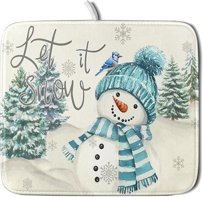 Giwawa Blue Snowman Dish Drying Mat Xmas Trees Bird Winter Snowy Scene Dish Drainer Mats 16"x18" Microfiber Reversible Dish Drying Rack Pad Protector for Kitchen Countertop Decor