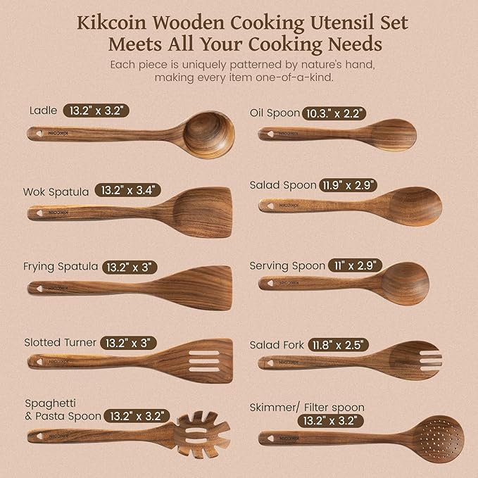Kikcoin 10 PCS Durable Natural Teak Wooden Cooking Utensil Set, Non Toxic Wooden Spoons for Cooking, Wooden Utensil Set for Cooking with Comfort Grip, Nonstick & Easy to Clean Wood Kitchen Utensil Set - Image 2