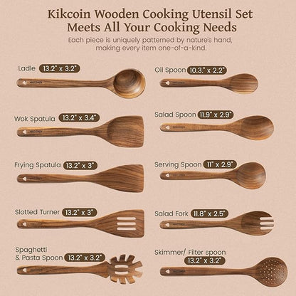 Kikcoin 10 PCS Durable Natural Teak Wooden Cooking Utensil Set, Non Toxic Wooden Spoons for Cooking, Wooden Utensil Set for Cooking with Comfort Grip, Nonstick & Easy to Clean Wood Kitchen Utensil Set - Image 2