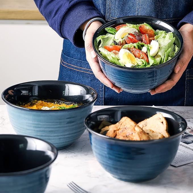 Hasense Ceramic Soup Bowls Set of 4, 40 Ounce Large Cereal Bowls for Kitchen, 7 Inch Serving Bowls for Salad Pasta Ramen Pho Popcorn, Dishwasher Microwave Safe, Navy Blue - Image 4