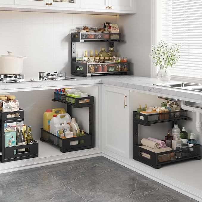 2-Pack Under Sink Storage Organizer, Large 2-Tier Elegant Mesh Pull Out Shelf for Kitchen and Bathroom Cabinet Organization, L-Shaped and Adjustable Height Design,Patent Pending-Black - Image 5