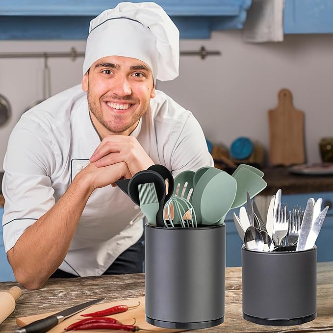 LIBODOUR Kitchen Utensil Holder Extra Large Rotating For Counter Organizer Stainless Steel Storage Cooking Silverware Caddy 3 Compartment Flatware Spoon Spatula Tool Cutlery Container（2 Set Grey） - Image 3
