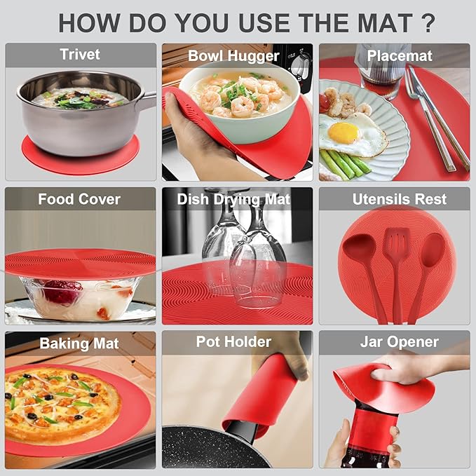 2 in 1, Aidacom Microwave Splatter Cover for Food & Silicone Microwave Mat, Mat as Bowl Holder, Trivet, Pot Holders, Drying, Baking, Utensils Rest for Kitchen Counter, Dishwasher Safe, Red - Image 3