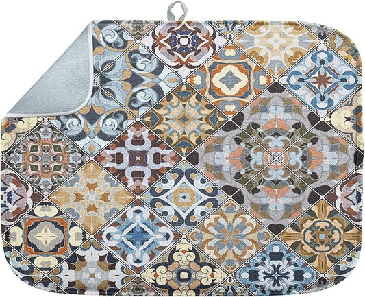 Sanwarm Absorbent Dish Drying Mat, Retro Colorful Tiles Vintage Floral Microfiber Pad for Kitchen Counter, Coffee Bar Decor, Heat Resistant and Reversible, 18" x 24"