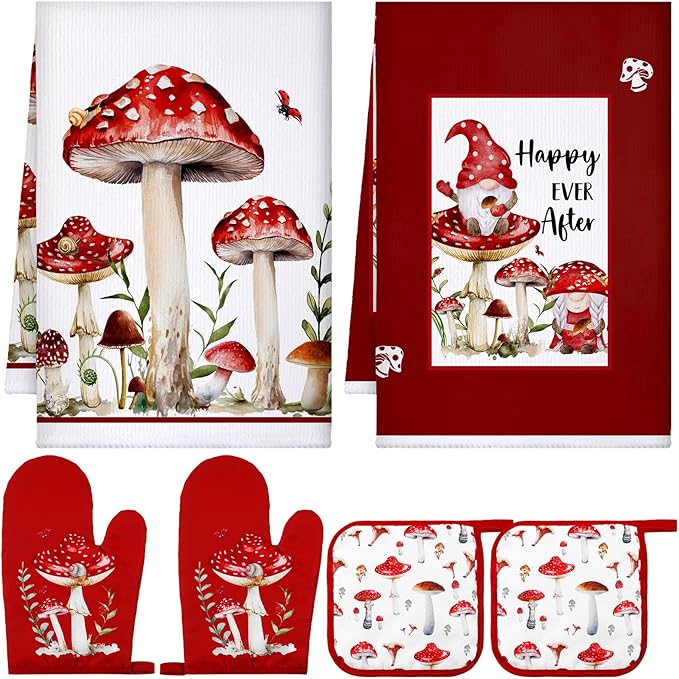 Bencailor 6 Pcs Mushroom Kitchen Towels Oven Mitts and Pot Holders Decorative Dish Tea Towels Non Slip Heat Resistant Oven Gloves for Spring Summer Home Cooking Dish Baking BBQ, Red, Black by Bencailor