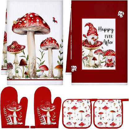 Bencailor 6 Pcs Mushroom Kitchen Towels Oven Mitts and Pot Holders Decorative Dish Tea Towels Non Slip Heat Resistant Oven Gloves for Spring Summer Home Cooking Dish Baking BBQ, Red, Black by Bencailor