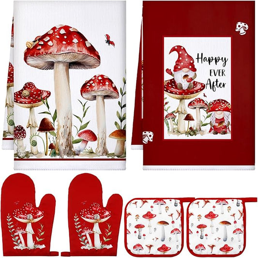 Bencailor 6 Pcs Mushroom Kitchen Towels Oven Mitts and Pot Holders Decorative Dish Tea Towels Non Slip Heat Resistant Oven Gloves for Spring Summer Home Cooking Dish Baking BBQ, Red, Black by Bencailor