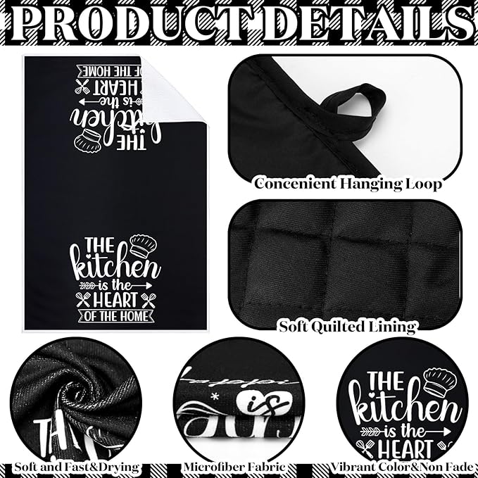 Sratte 6 Pcs Kitchen Decor Accessories Set Farmhouse Towels Pot Holders Oven Mitts Set 2 Dish Towels 2 Potholders 2 Cooking Mittens Oven Glove for Christmas Baking Cooking Supply(Black,Kitchen) - Image 5