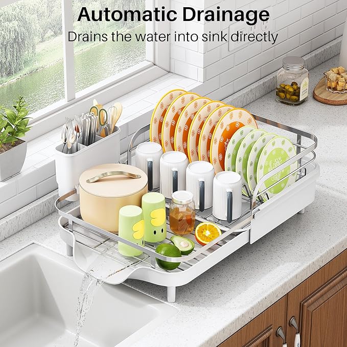 SAYZH Dish Drying Rack - Expandable Dish Rack for Kitchen Counter, Rust-Resistant Dish Drainer with Utensil Holder and Raised Guardrail, Kitchen Organizer for Cup and Bottle (White) - Image 5