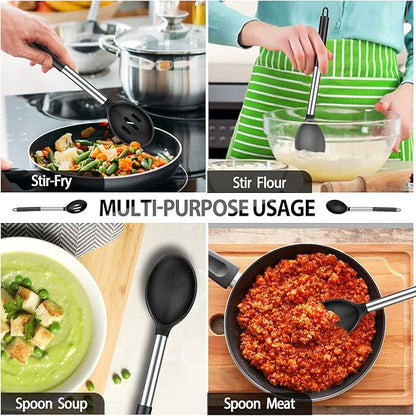 Pack of 4 Large Silicone Cooking Spatulas and Spoons, Slotted and Solid Stainless Steel Cooking Utensils Set, Non-stick Heat Resistant Kitchen for Baking, Fried, Stir-Fry, Mixing, Serving (Black) - Image 5